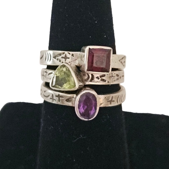 Silpada Gemstone Peridot Garnet Amethyst Etched Band Stacking Rings R0455 Size 8 - Picture 1 of 15